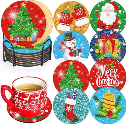 igoodom 8 PCS Christmas Diamond Art Coasters Kit, Diamond Painting Coasters with Holder, Non Slip Coaster Art Supplies for Adults, Christmas Gift - Image 1