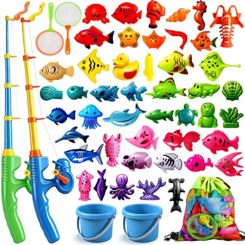 CozyBomB™ Magnetic Fishing Toys Game Set for Kids | Water Table Bathtub Kiddie Pool Party Pole Rod Net, Outdoor Plastic Floating Fish, Toddler Bath Color Ocean Sea Animals Easter Gift Age 3-5 6 4-8 - Image 1