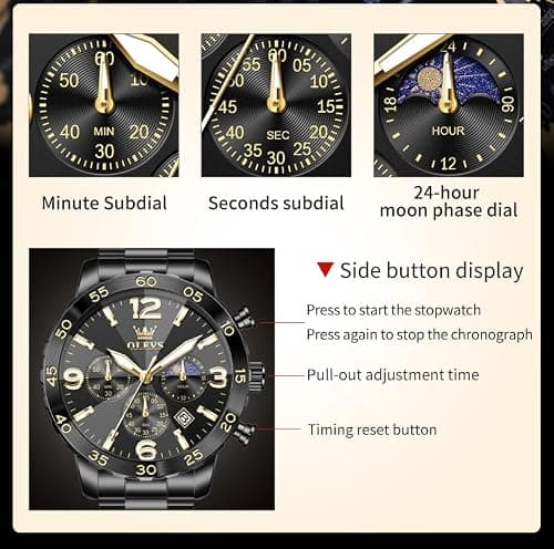 OLEVS Watch Men Black Watches for Men Luxury Fashion Arabic Numerals Chronograph Mens Watches Dress Stainless Steel Waterproof Luminous Large Wrist Watch for Man Date Moon Phase Relojes para Hombres - Thumbnail 4