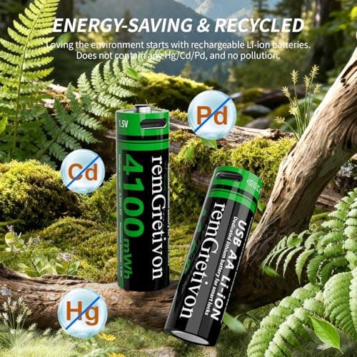 remGretivon USB Rechargeable Battery AA Lithium-ion 1 Pack with USB-A to USB-C Cable, 4100mWh, 1.5V, 1500 Recharge Cycles USB-C Lithium Battery for TV Remote, Remote Control Vehicle - Thumbnail 5