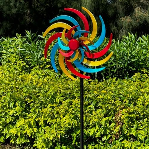CBAXEAXM Colorful Kinetic Wind Spinner for Outdoor 13" W Metal Windmill Wind Sculptures with 5 Prong Stake, Easy to Rotate Metal Yard Art for Garden Patio Lawn Backyard Decor - Thumbnail 2