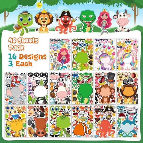 Stickers for Kids - 48 Sheets 8.6" X 5.8" Party Favors Animal Make a face Stickers Crafts Goodie Bags Stuffers Activities Gifts for Kids Toddler Grandkids Birthday School Classroom Supplies - Thumbnail 4