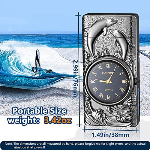 GADATOP Electric Lighter Rechargeable Windproof Lighter Plasma Lighters with 3D Dolphin Relief Built-in Clock LED Light for Daily Use Travel Essentials (Black) - Thumbnail 4
