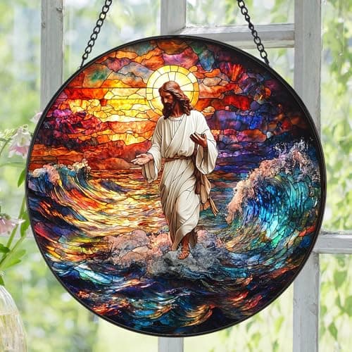 Zizzie Stained Glass Jesus Suncatcher - 7.9" Real Glass Walking on Water Window Hanging, Weatherproof Christian Religious Decor, Overcoming Storms Sympathy Faith Gift for Mom Pastor - Thumbnail 2