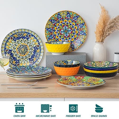 vancasso Dinner Plates Set of 6-10.5 Inch Ceramic Plates, Microwave, Oven and Dishwasher Safe, Colorful Bohemian Style Dishes for Kitchen - Thumbnail 4