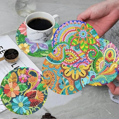 ijbnhd Flowers Diamond Art Coasters Kits for Adults, 8 Pieces Flowers Diamond Painting Coasters with Holder for Beginners 4X4inch (Cork Wooden Pad) - Thumbnail 5