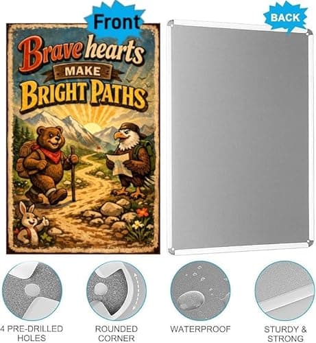 Brave Hearts Make Bright Paths Metal Tin Sign Vintage Adventure Wall Decor Inspirational Quote Hiking Bear Eagle Mountain Trail Rustic Nature Art 8x12 Inch Home Cabin Office Plaque - Thumbnail 5