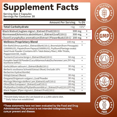 20 in 1 Wormwood Black Walnut Clove Cleanse for Humans Capsules, Natural Gut Detox & Digestive Health, Pumpkin Seed, Berberine, 10:1 Ultra-Concentrated Liposomal Tech 98% Absorption, Vegan 60 CT - Thumbnail 5