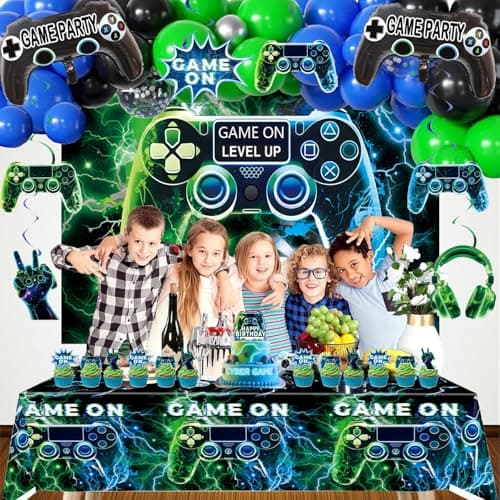 Video Game Party Decorations Set – Gamer Birthday Supplies with Backdrop, Table Cover, Hanging Swirls, Cake Toppers, Foil Balloons for Boys & Kids - Thumbnail 2