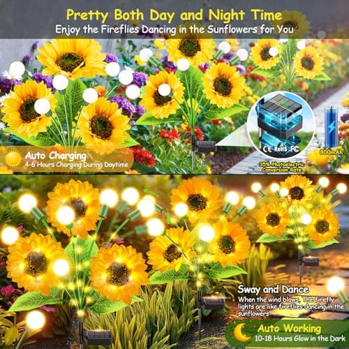Garpar Solar Lights Outdoor Garden Decor, 4 Pack Swaying Solar Firefly Lights with Big Sunflowers, Waterproof Solar Flower Lights for Yard, Lawn, Pathway, Patio, Gifts for Mom Grandma Women - Thumbnail 6