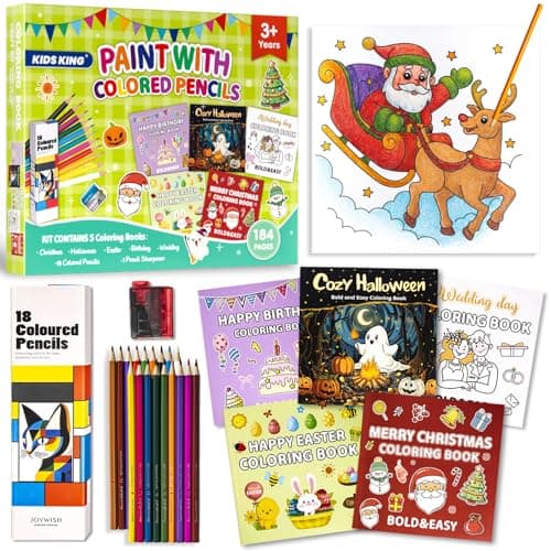 KIDS KING Coloring Book Kit, 5 Themes: Halloween | Christmas | Easter | Wedding Day | Birthday, Contains Colored Pencils Cute Styles for Painting, Arts & Crafts for Adult and Teens