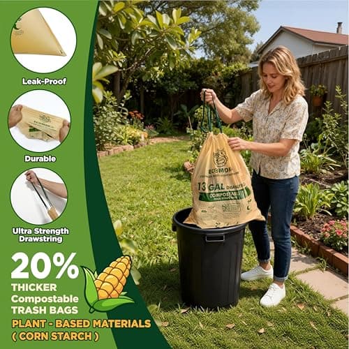 EcoMokii 13 Gallon Compostable Trash Bags with Drawstring, 30 Count, 49.2 Liter, 1.2 Mil Heavy Duty Extra Thick Large Kitchen Garbage Bin Liners, Compost Food Scraps Bag, BPI (ASTM D6400) - Thumbnail 2