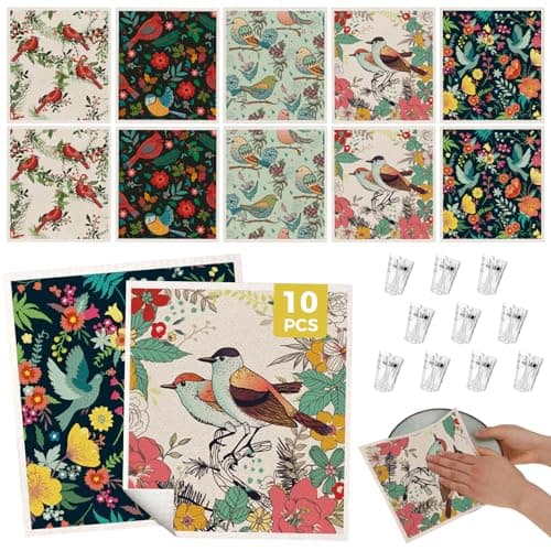 wlich 10PCS Swedish Dishcloths for Kitchen, Reusable Dish Rags for Washing Dishes with Clips, Non-Scratch Kitchen Towels and Dishcloths Sets, Washable Swedish Dish Cloths, No Odor(Birds Flowers) - Image 1