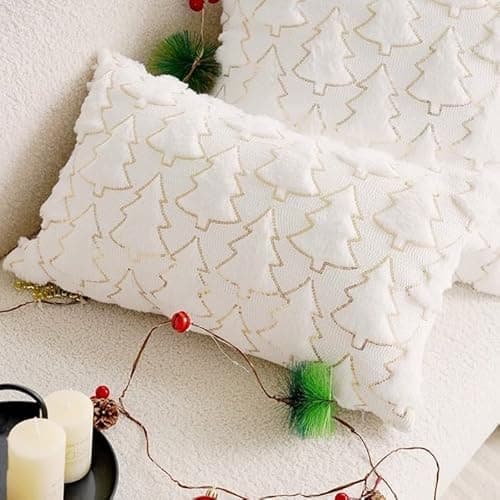 Psythuor Textured Decorative Pillow Covers, 1 Pack 12x20 Inch White Minimal Nordic Tree Pattern Cushion Covers, Soft Plush Fabric with Zipper for Sofa Couch Bed Home Decor
