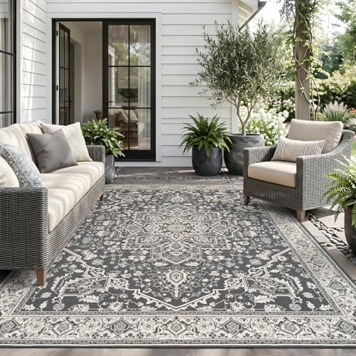 Outdoor Rug 9x12 ft Quick Dry Flatweave Textured Patio Rug Machine Washable Outdoor Carpet with Rubber Particles Backing Vintage Floral Outdoor Area Rug for Patio Deck Front Porch Greyish Black