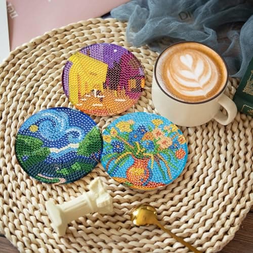 8 Pcs Diamond Art Coasters Kit with Holder, DIY Famous-Painting Diamond Painting Coasters for Beginners Adults, Non Slip Diamond Art Kits Craft Supplies 4x4inch - Thumbnail 6