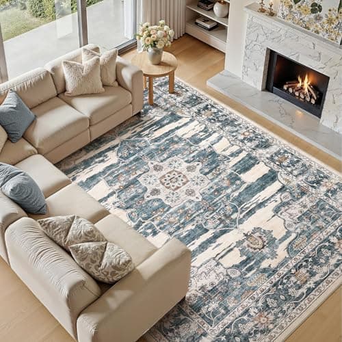 Jessibou Washable 8x10 Area Rug for Living Room & Dining Room - Large Vintage Farmhouse Soft Carpet with Non-Slip Backing, Stain Resistant Low-Pile Indoor Rug for Home Office, Kid & Pet Friendly- Blue - Thumbnail 5