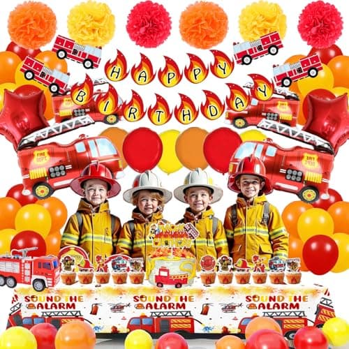 Fire Truck Birthday Party Decorations Kit – Fire Truck Balloons, Firefighter Theme Supplies with Banner , Table Cover, Cake Toppers, Tattoo Stickers for Kids & Boys - Thumbnail 2