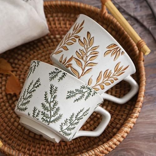 Tvvtuww Ceramic Mug 1pcs, 11oz - Vintage Coffee Mug, Pottery Cups for Milk, Latte, Cappuccino, Tea - Porcelain Dishwasher, Microwave Safe Stoneware Green Leaf - Thumbnail 5