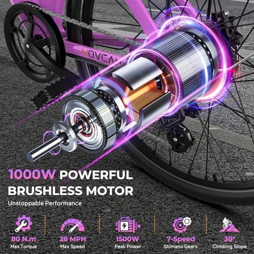 Movcan V80 Electric Bike, 1000W Motor 28MPH Ebike, 48V 13Ah Removeable Battery, 26'' City Cruiser Adult Electric Bicycles up to 70 Miles (V80 Classic with Phone Holder & Lock, Rose Red) - Thumbnail 2