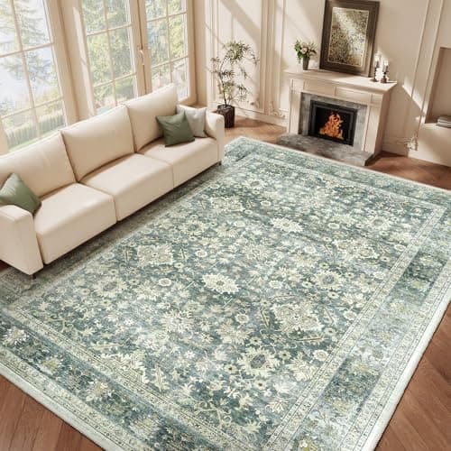 HOMFINE Machine Washable Rug 8'x10' - Vintage Design Area Rugs with Non Slip Rugs for Living Room Bedroom Floral Print Rug Carpet Stain Resistant, Home Decor Office Area Rug, Green