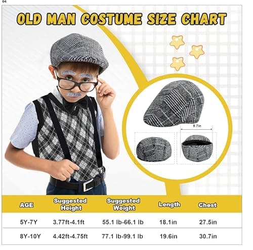 Skirfy Kids 100 Days of School Costume for Boys, Old Man Costume for Kids with Old Man Hat and Grandpa Vest,Cosplay Grandpa Dress Up Accessories - Thumbnail 6