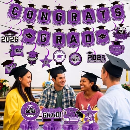 2026 Graduation Decorations Set Congrats Grad Banner Class of 2026 Backdrop Balloons Swirls Honeycomb Centerpieces Purple Graduation Party Supplies for High School College Grad Decor - Thumbnail 3