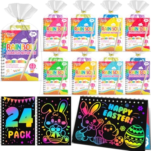 FEREDO KIDS Scratch Art Party Favors for Kids: 24 Pack Rainbow Scratch Art Notebook, Easter Basket Stuffers, Coloring Books Goodie Bags Stuffers for Kid, Bulk Classroom Birthday Gifts for Student
