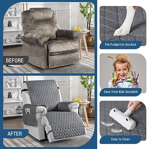 TAOCOCO 100% Waterproof Recliner Chair Covers, Non Slip Recliner Covers that Stay in Place, One-Piece Washable Reclining Chair Cover with Elastic Straps, Dark Gray, Fits 30" Seat Width - Thumbnail 5