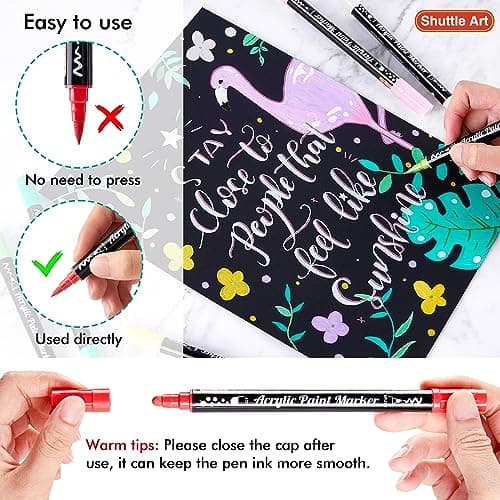 Shuttle Art 36 Colors Dual Tip Acrylic Paint Markers, Brush Tip and Dot Tip Acrylic Paint Pens for Rock Painting, Ceramic, Wood, Canvas, Plastic, Glass, Stone, Calligraphy, Card Making, DIY Crafts - Thumbnail 4