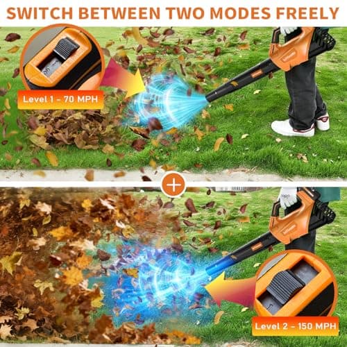 2026 Upgrade Leaf Blower, Leaf Blower Cordless with 2 * 2.6AH Batteries and Fast Charger, 450CFM &150MPH and 2 Speed Mode, Lightweight Electric Leaf Blowers for Lawn, Yard, Leaves, Dust Car (Orange) - Thumbnail 4