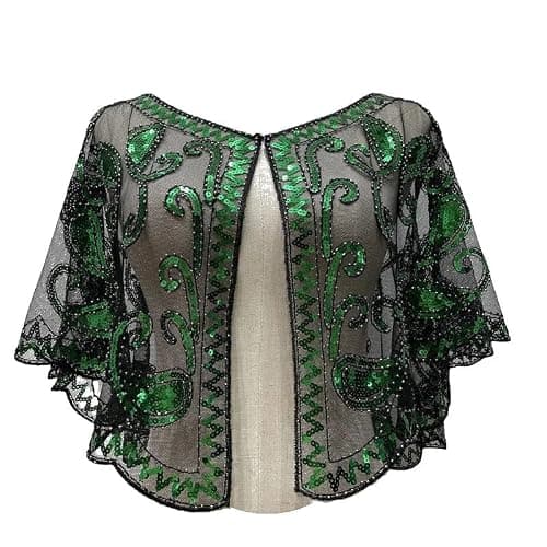 RiJinDuoJin 1920s 50s Shawl Wraps Sequin Beaded Shawl Wedding Bridal Wrap For Evening Dresses Gatsby Party Harlem Night Accessories - Dark Green - Image 1