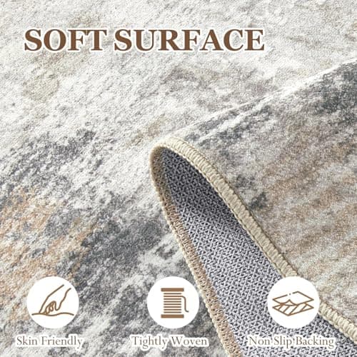 5x7 Area Rugs Living Room Rug: Washable Neutral Modern Abstract Soft Thin Rug Non-Slip Stain Resistant Carpet for Bedroom Under Dining Table Nursery Home Office - GoldBrown - Thumbnail 3