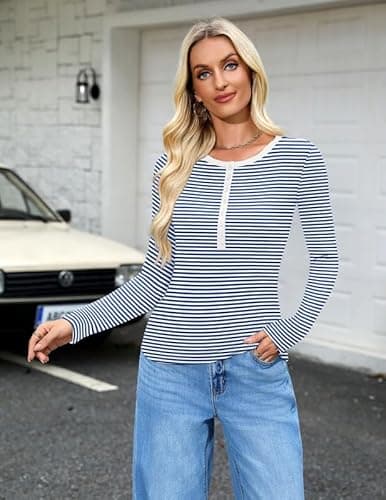 Misakia Long Sleeve Shirts for Women 2025 Spring Fall Tops Henley Button Ribbed Tunic Slim Fit Trendy Outfits White and Blue Stripes L - Thumbnail 5