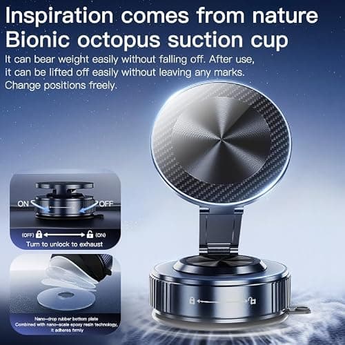 Ainid Magnetic Car Phone Holder for Magsafe[105+LBS & 3800gf Magnetic], Alloy 360° Folding Car Mount with Ultra Stable Suction Cup, Phone Holder Mount for Car/Mirror/Kitchen/Gym for iPhone & Android - Thumbnail 2