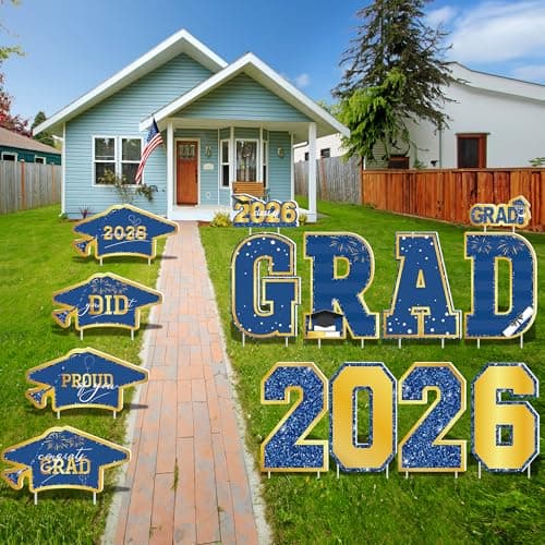 Graduation Yard Signs, 14 PCS Blue Gold Congrats Grad Lawn Stakes, Class of 2026 Yard Signs with Stakes, Graduation Party Decorations Outdoor, Waterproof GRAD Yard Decor for College High School - Thumbnail 5