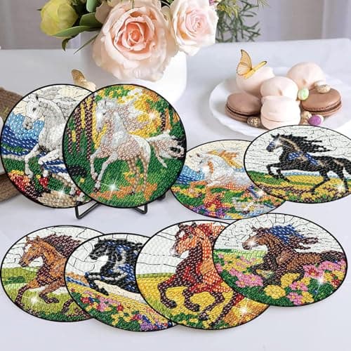 Lophomie 8 Pcs Diamond Art Coasters Kits for Adults with Holder Cork Pads, Diamond Painting Coasters, Diamond Dots Coaster Art Crafts Kit DIY Non-Slip for Home Office Decor 4x4in(Horse Theme) - Thumbnail 3