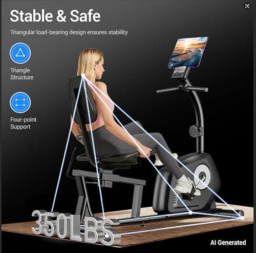 UMAY Exercise Bike, Recumbent Exercise Bike for Seniors, Magnetic Stationary Bikes for Home with 16-Level Resistance Adjustment, Adjustable Seat, Heart Rate Sensor & LCD Display, 350LBS Capacity Magnetic Recumbent Bike - Thumbnail 2