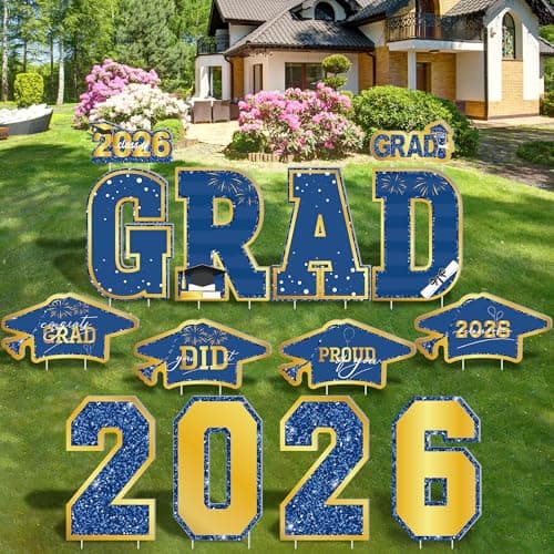 Graduation Yard Signs, 14 PCS Blue Gold Congrats Grad Lawn Stakes, Class of 2026 Yard Signs with Stakes, Graduation Party Decorations Outdoor, Waterproof GRAD Yard Decor for College High School