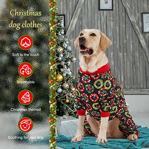 LovinPet Dog Christmas Onesies for Large Dogs, Xmas Holiday Dog Costume,Long Sleeve Lightweight Pullover, Joy Holiday Wreaths Black Prints, Pjs for Dogs, Pitbull Clothes, Christmas Outfit, XL - Thumbnail 3