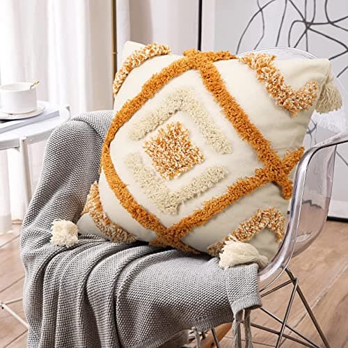 Pyonic Boho Throw Pillow Covers 18x18 Woven Tufted Decorative Pillow Covers with Tassel,CR-Orange-a