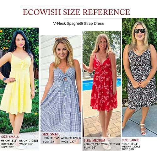 ECOWISH Women Summer Dresses Tie Front V-Neck Spaghetti Strap Button Down A-Line Backless Swing Midi Dress 809 Red XL - Thumbnail 6
