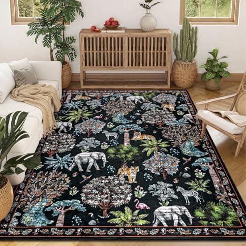 Yamaziot Washable Area Rug 5x7 – Jungle Animal Print Linen Rug for Living Room, Low Pile Non Slip Boho Floor Carpet for Indoor Outdoor Rug, Bedroom, Living Room, Dining Room, Forest Black - Image 1