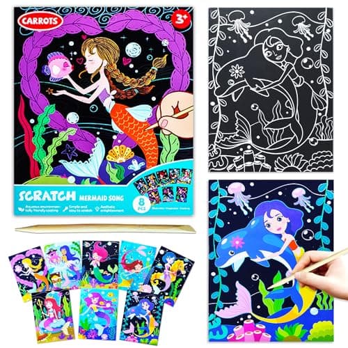 BAOXUE Scratch Art for Kids, Mermaids Black Rainbow Scratch Paper Set-Arts And Crafts & Supplies, DIY Activity & Party Games, Mermaid Toys Gifts for Toddlers, Girls