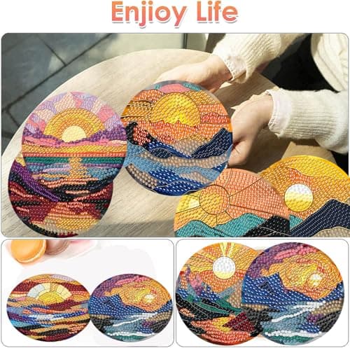 ijbnhd 8 Pcs Sunset Diamond Art Coasters Kits, Sunset Diamond Painting Coasters Kit with Holder, Non Slip Coaster Crafts Kits for Adults Gifts 4x4 inch (Cork Wooden Pad) - Thumbnail 2