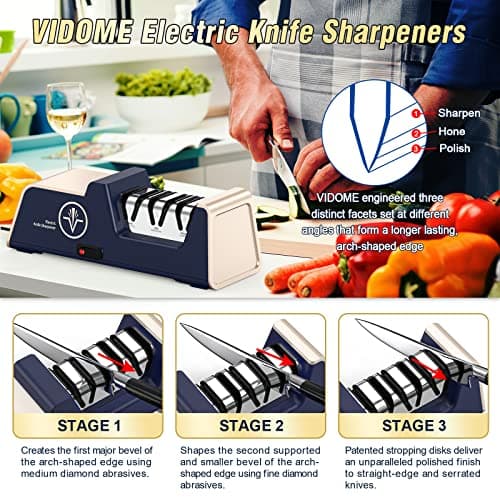 VIDOME Professional Electric Knife Sharpener with 100% Diamond Abrasives and Precision Angle Guides for Kitchen Straight Edge&Ceramic Knife Work Sharp, 3-stage Champagne Gold, afilador de cuchillos - Thumbnail 6