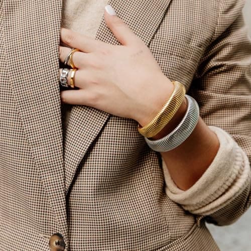 Poaiiu Gold Bracelets for Women 14K Gold Plated Stretch 14mm Snake Chain Bangle Cuff Bracelet Gold Jewelry Gifts for Women - Thumbnail 4