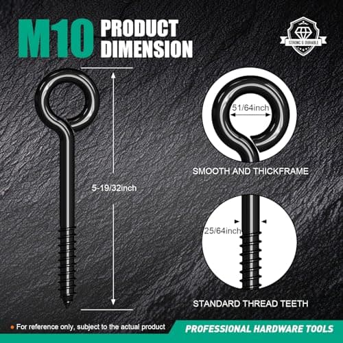 Prowin Heavy Duty Black Screw Eye Hooks, 4PCS M10 5.59 Inch Self Tapping Eyelet Bolts, Strong Eye Screws for Wood, Cables & Wire Securing, Indoor & Outdoor Heavy Duty Use - Thumbnail 2