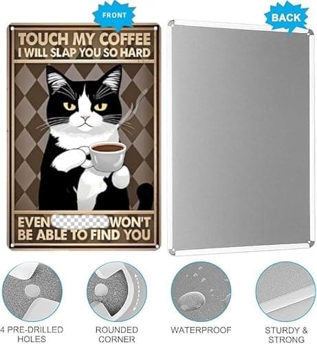 Carastora Vintage Coffee Bar Decor Sign – Black and White Cat Metal Wall Art with Humorous and Sarcastic Quote – Funny Tin Sign for Kitchen, Cafe – 8x12 Inch - Thumbnail 5
