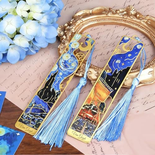 Kinsound Metal Bookmarks with Tassel, Golden Van Gogh Monet Oil Painting Theme Cute Hollow Book Markers for Reading Women, Teachers, Students, Reading Accessories Gifts for Book Lovers (Style A(6PCS)) - Thumbnail 4